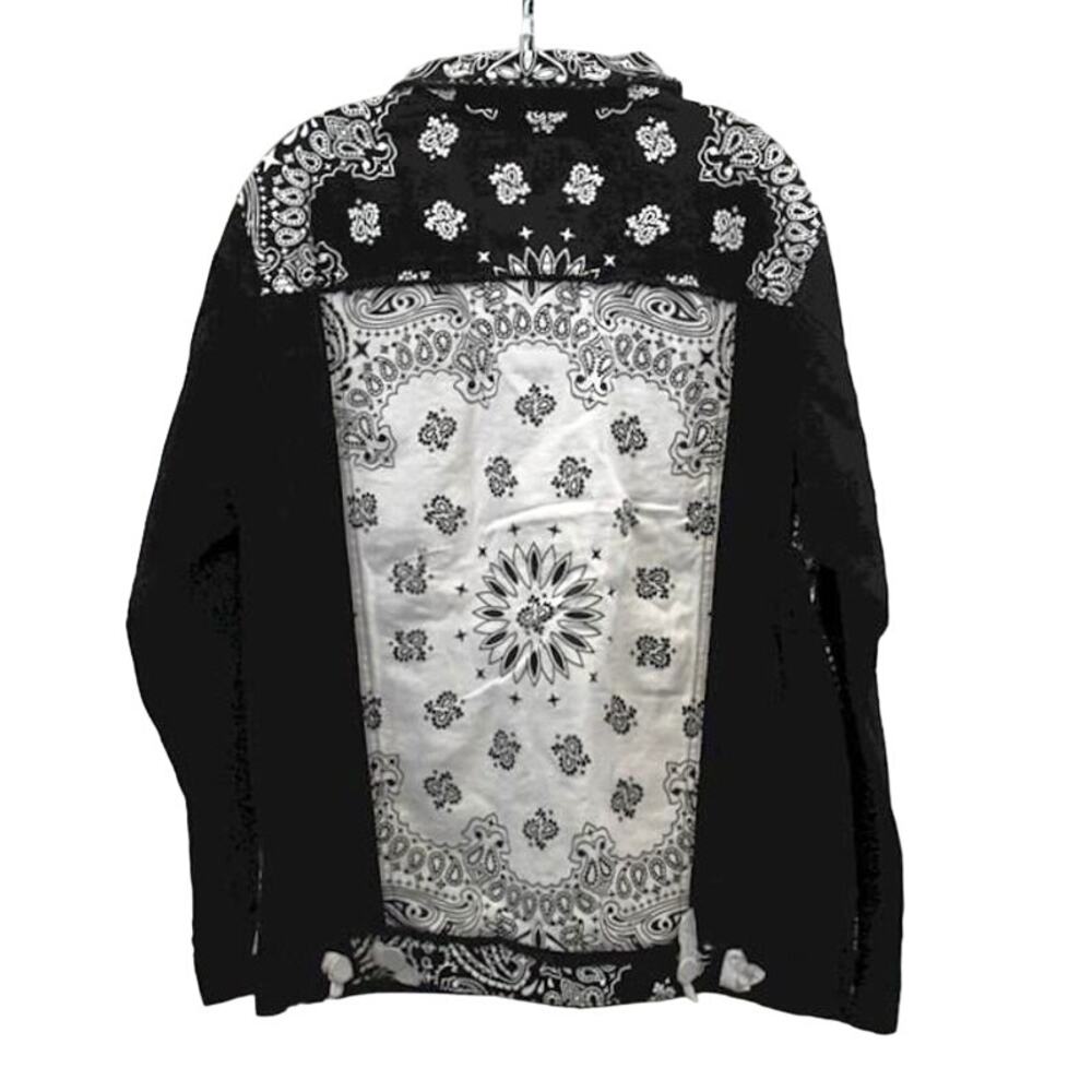 Victorious Colorblock Distressed Bandana Paisley Denim Button Jacket L - Picture 3 of 8